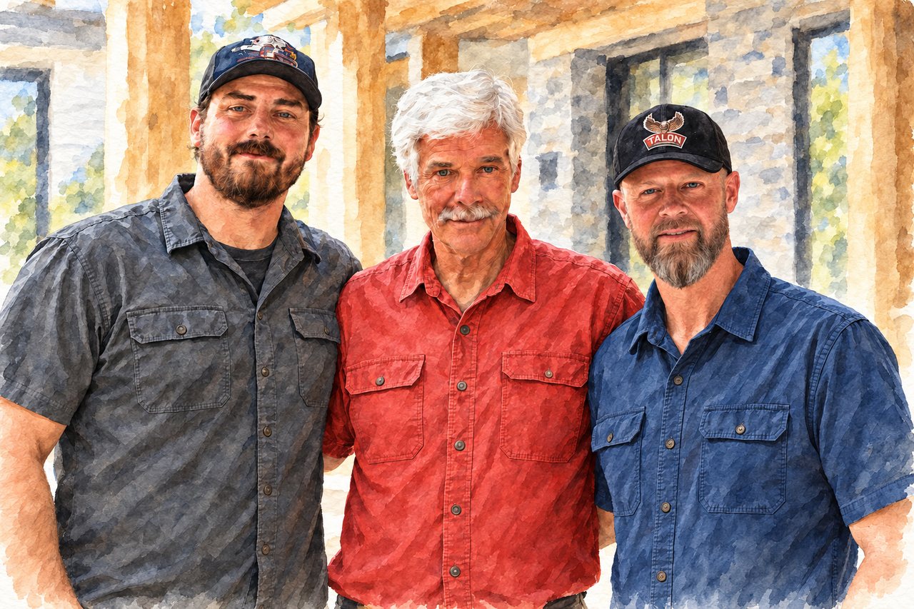A painted portrait of Jordon O'Hara, Mike Novo and Erik Oxenbol of Talon Construction Company, standing together left to right outside a home.